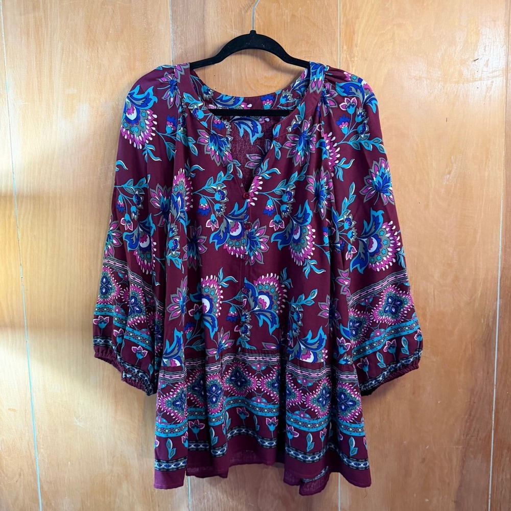 Cato Womens Burgundy Teal Paisley Floral Boho Rayon Tunic Blouse Top Size L